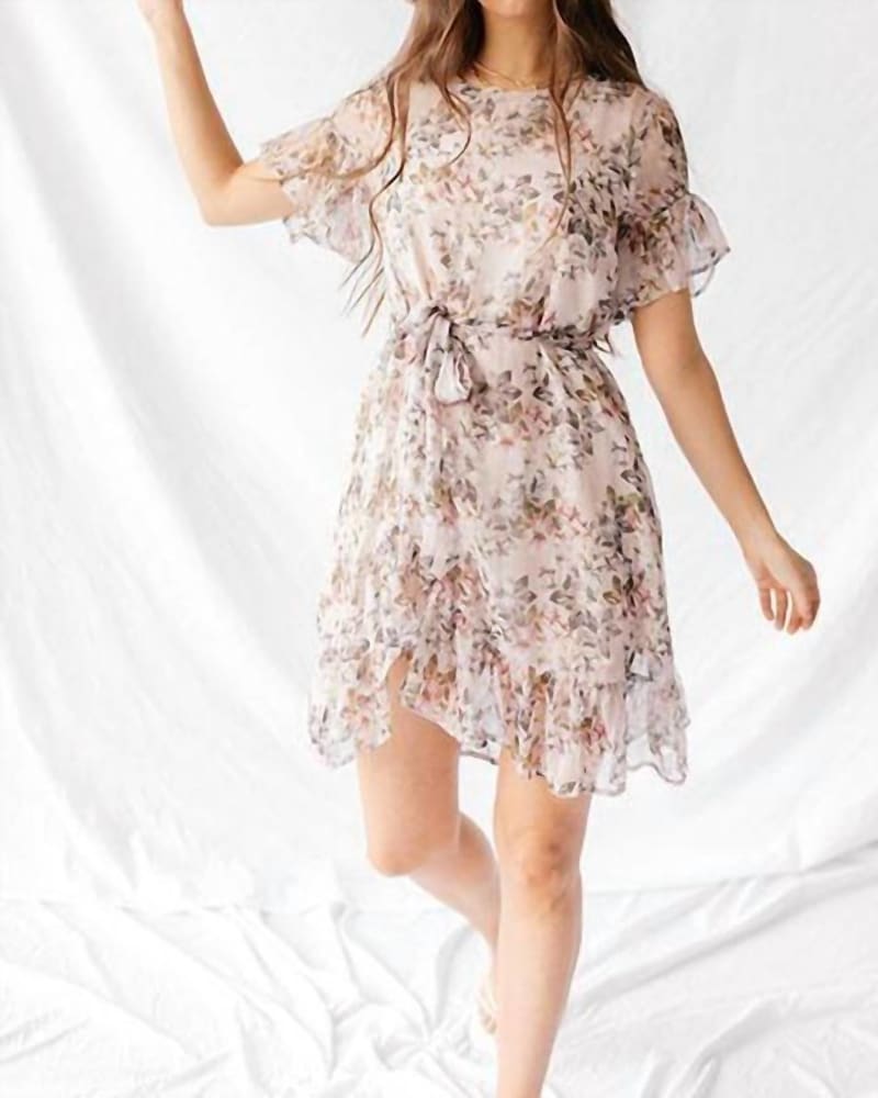 Front of a model wearing a size Large Blooming Floral Ruffled Mini Dress In Lavender in Lavender by Hayden LA. | dia_product_style_image_id:346825